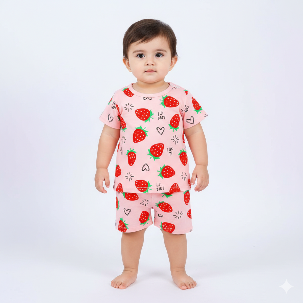 Adorable Strawberry Print Toddler Girl Pink Cotton Summer T-Shirt and Shorts Pajama Set 🍓
