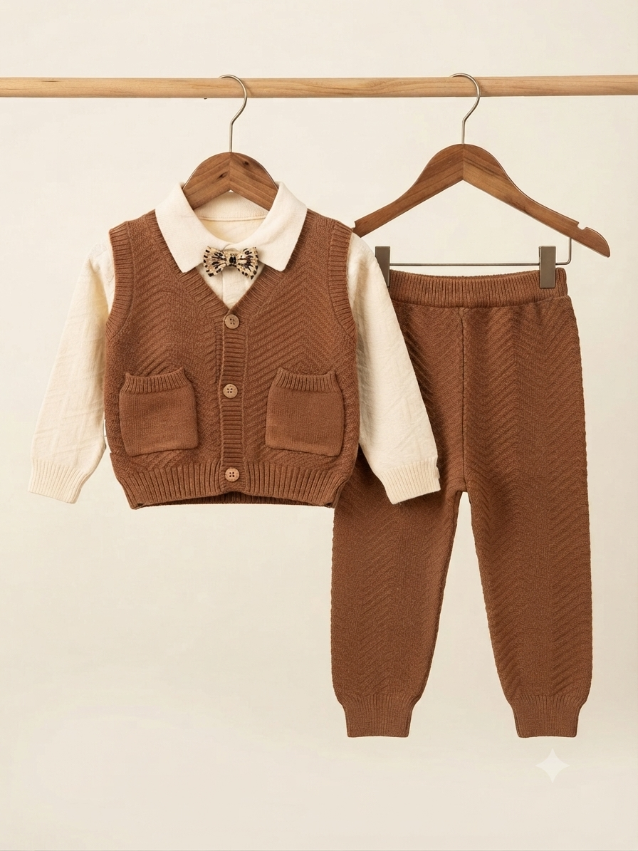 Baby Boy Knitted Two-Piece Set with Brown Vest and Trousers