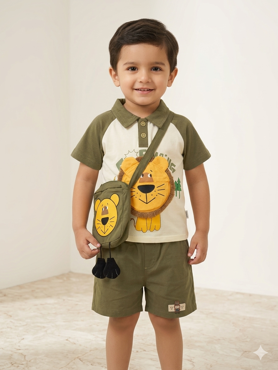 Toddler Boys' Lion Graphic Polo Shirt and Shorts Set with Matching Crossbody Animal Bag