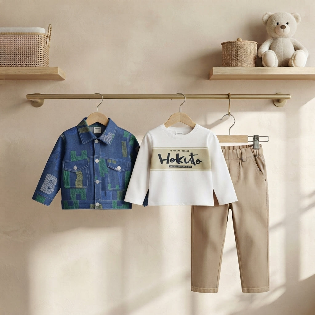 Stylish Blue Patterned Denim Jacket And Hokuto Graphic T-Shirt With Pant Set