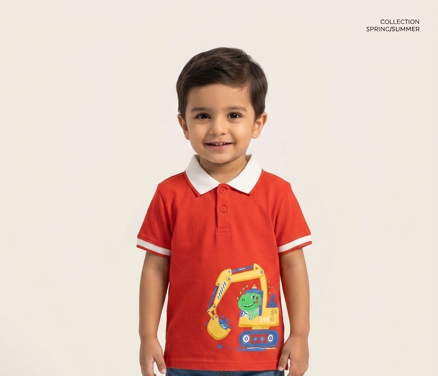 Boys Fun Dinosaur Excavator Graphic Polo Shirt - Soft Cotton Spring Summer Collection