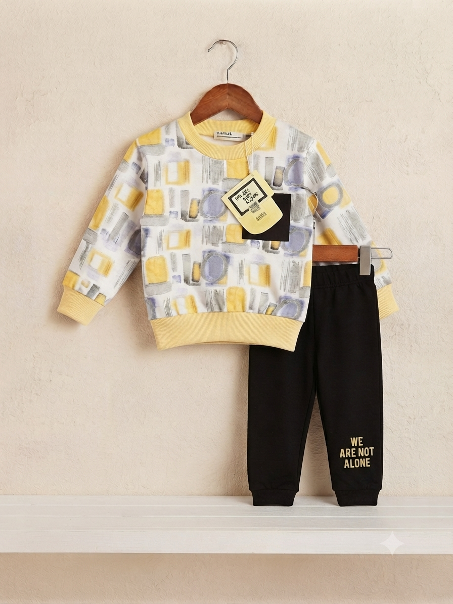 Stylish Geometric Print Kids Fleece Sweatshirt And Black Joggers Winter Outfit Set