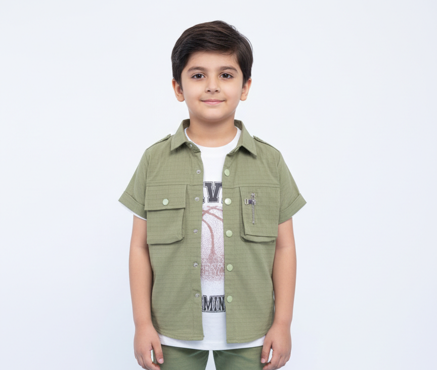 Boys Stylish 2 Piece Utility Cargo Outfit Featuring Sleeve Shirt Vest
