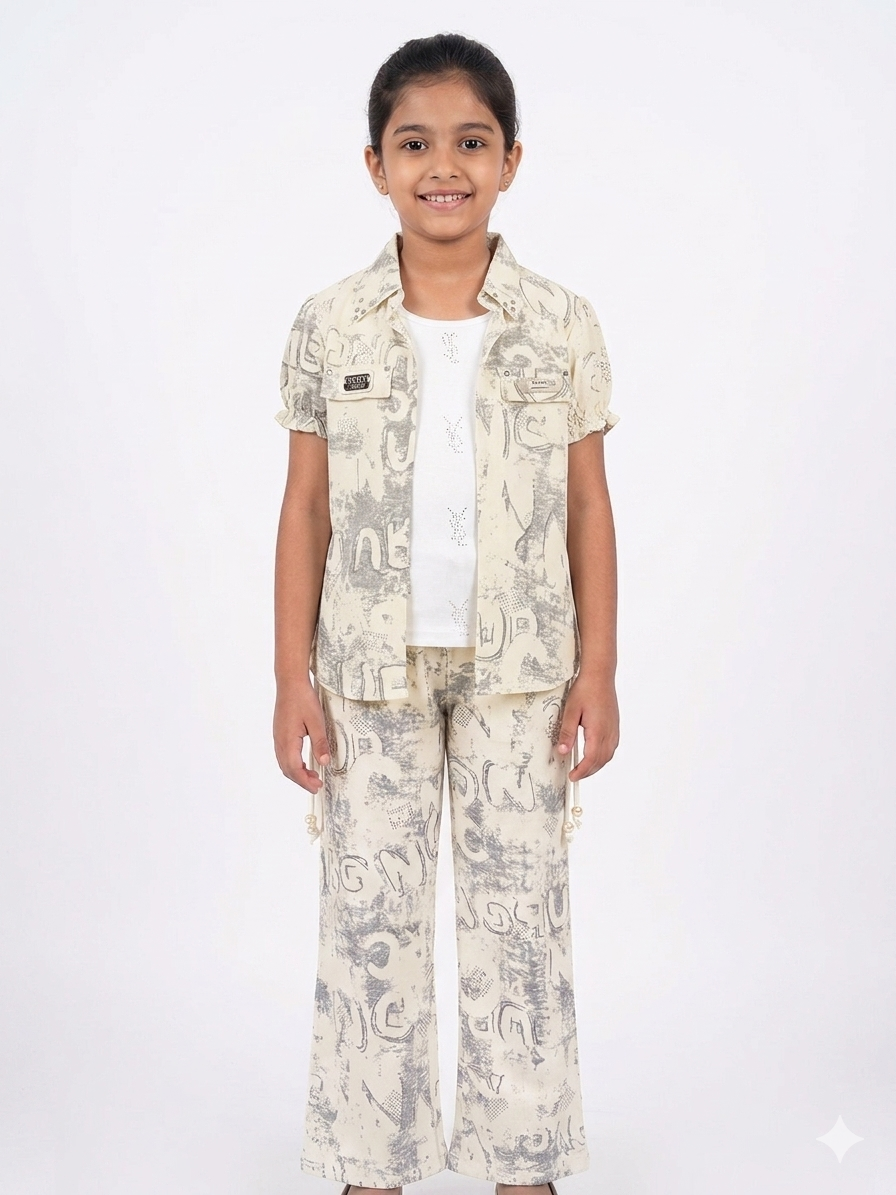 Chic Beige Girls Denim Co-ord Set – 3-Piece Printed Shirt, Inner & Wide-Leg Trouser