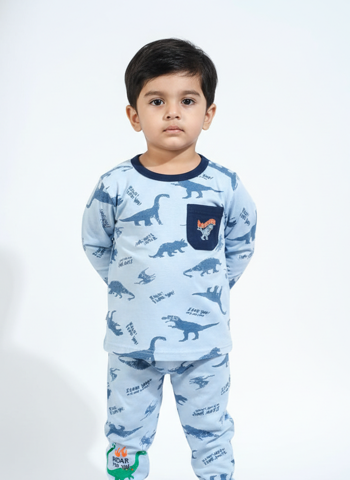 China Imported Boys Night Suit – Soft Cotton Nightwear | Dinosaur Print with Pocket