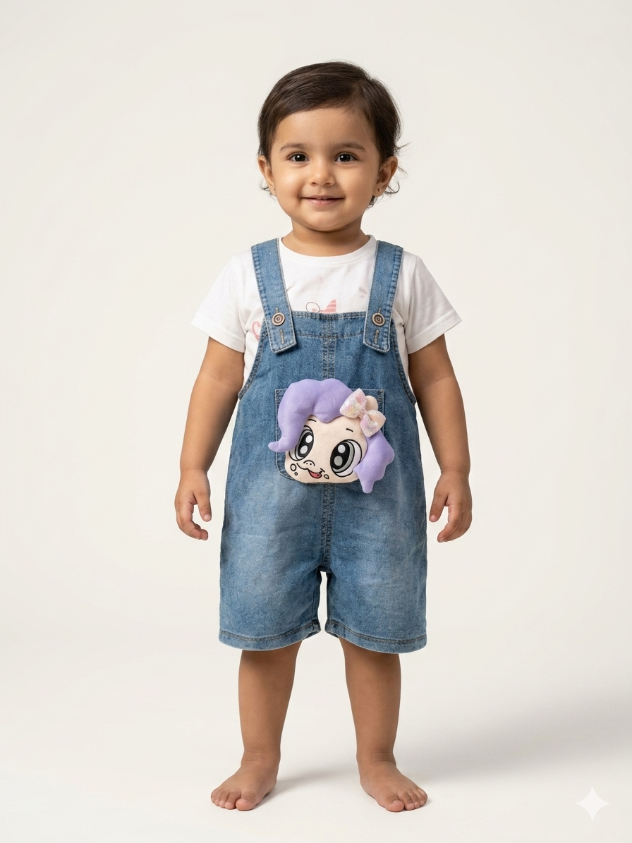 Trendy Denim Dungarees for Girls: Cute Cartoon Patch Design for Stylish Playtime
