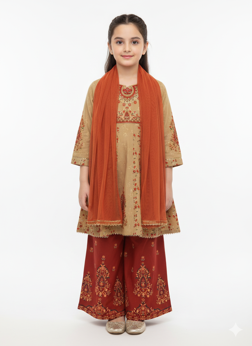 Elegant Girls' Floral Print Peplum Frock with Wide-Leg Gharara and Matching Chiffon Dupatta