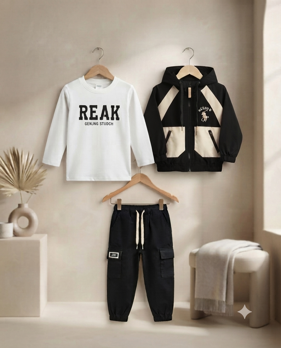 Stylish Boys Three Piece Clothing Set Featuring Long Sleeve Tee Jacket And Cargo Pants