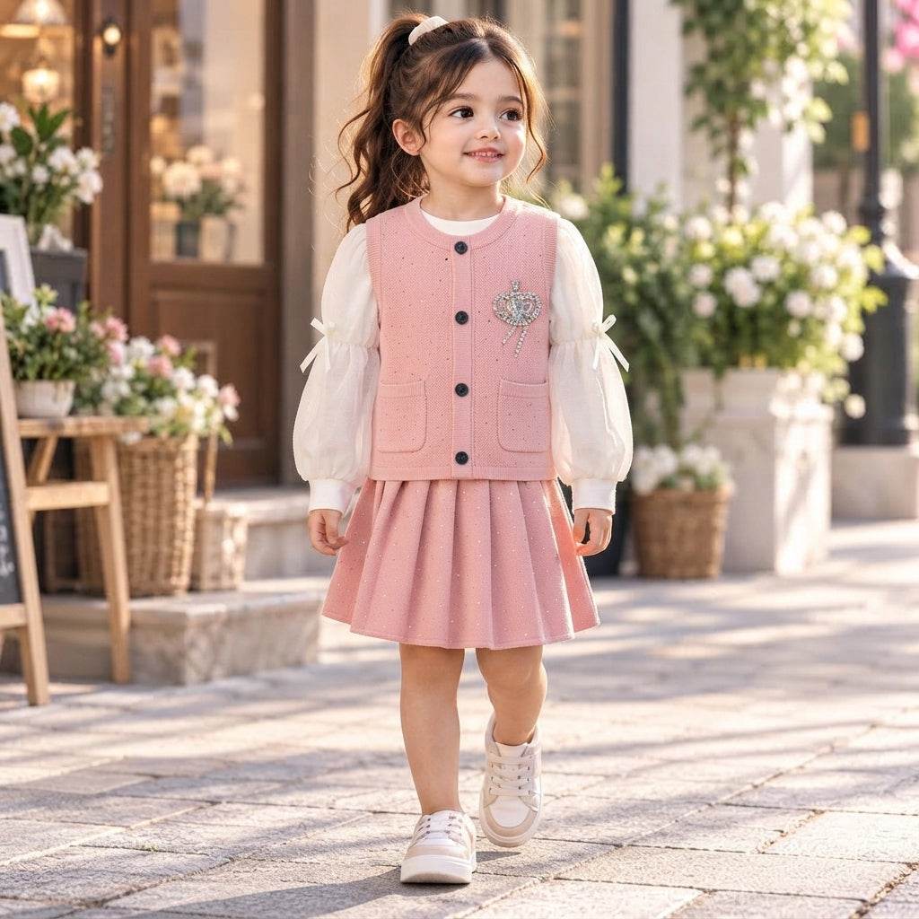 Chic Girls Button Vest With Floral Applique Matching Pleated Skirt And Long Sleeve Tee