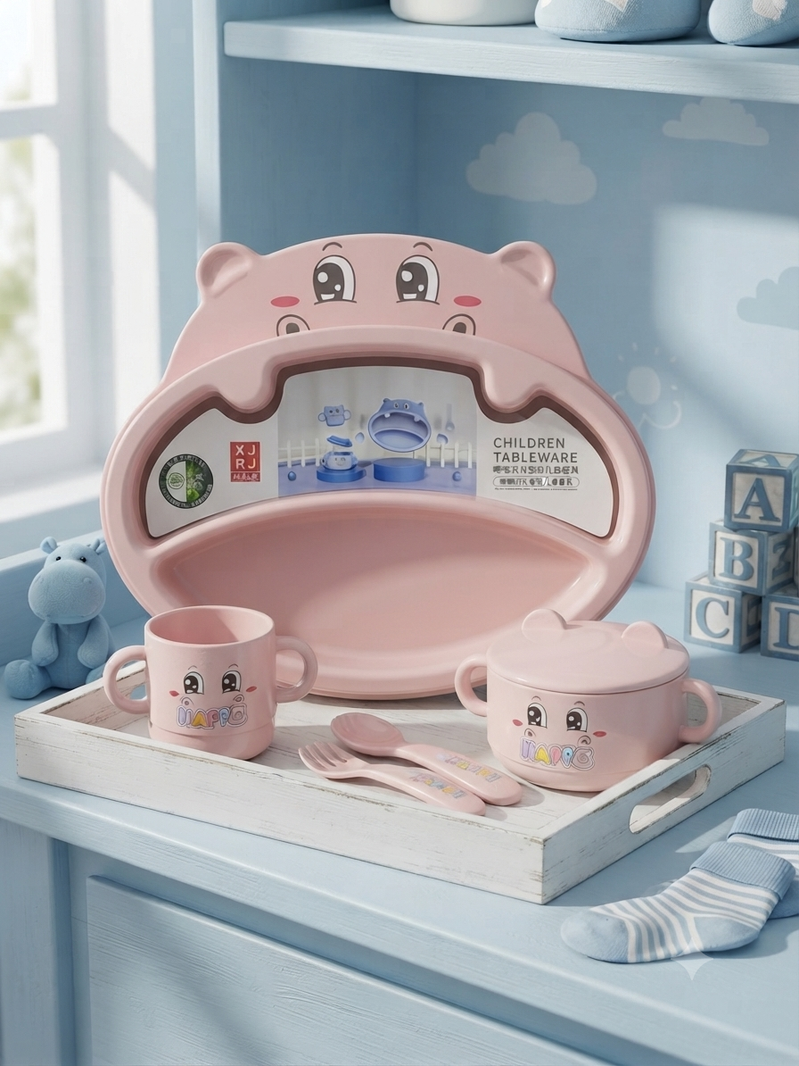 Cute Hippo Themed Children Tableware Set With Divided Plate Bowl Cup Spoon And Fork