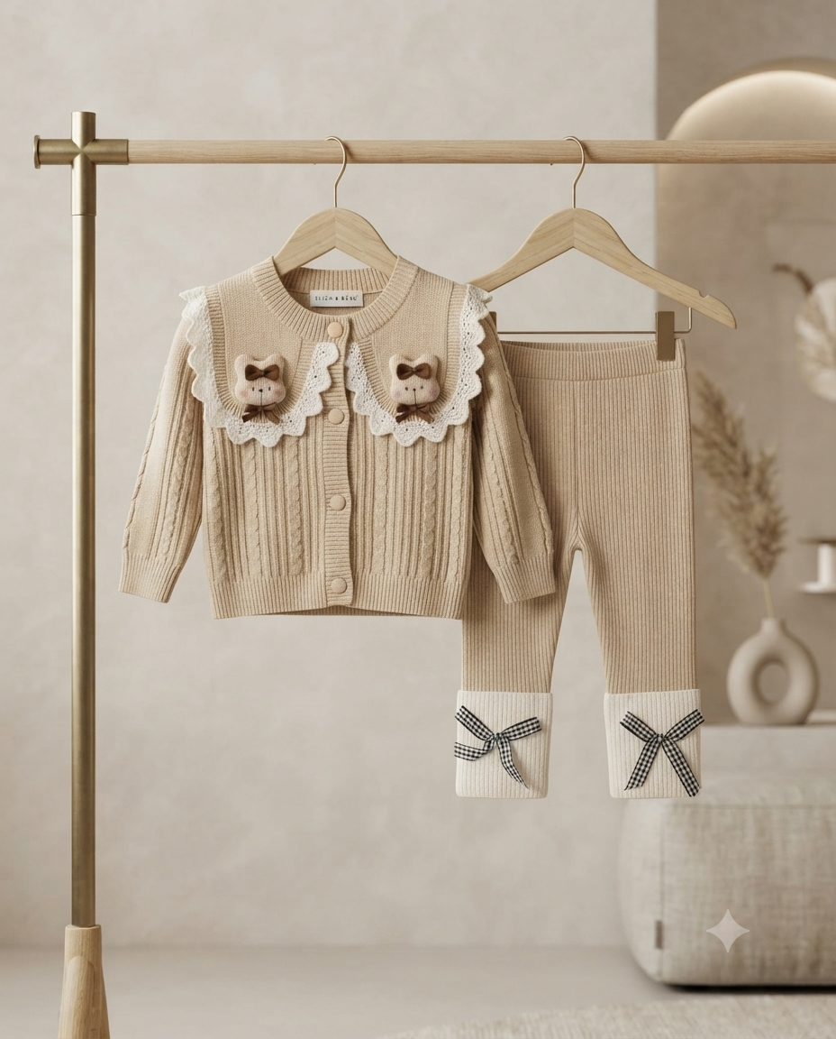 Cute Baby Girls Knit Sweater And Pants Set With Adorable Bear Collars And Bows