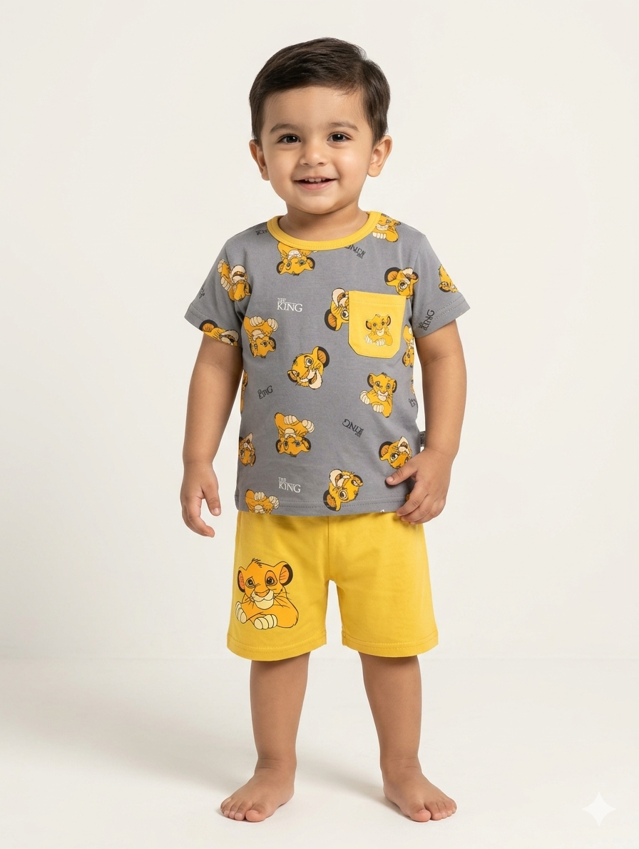Boys Lion King Simba Character Print Grey T-Shirt and Yellow Shorts Two-Piece Summer Outfit