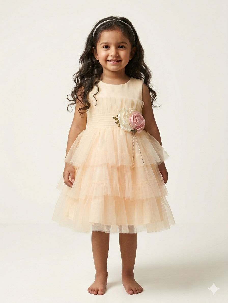 Elegant Sleeveless Tiered Tulle Flower Girl Dress with Floral Waist Detail for Special Occasions