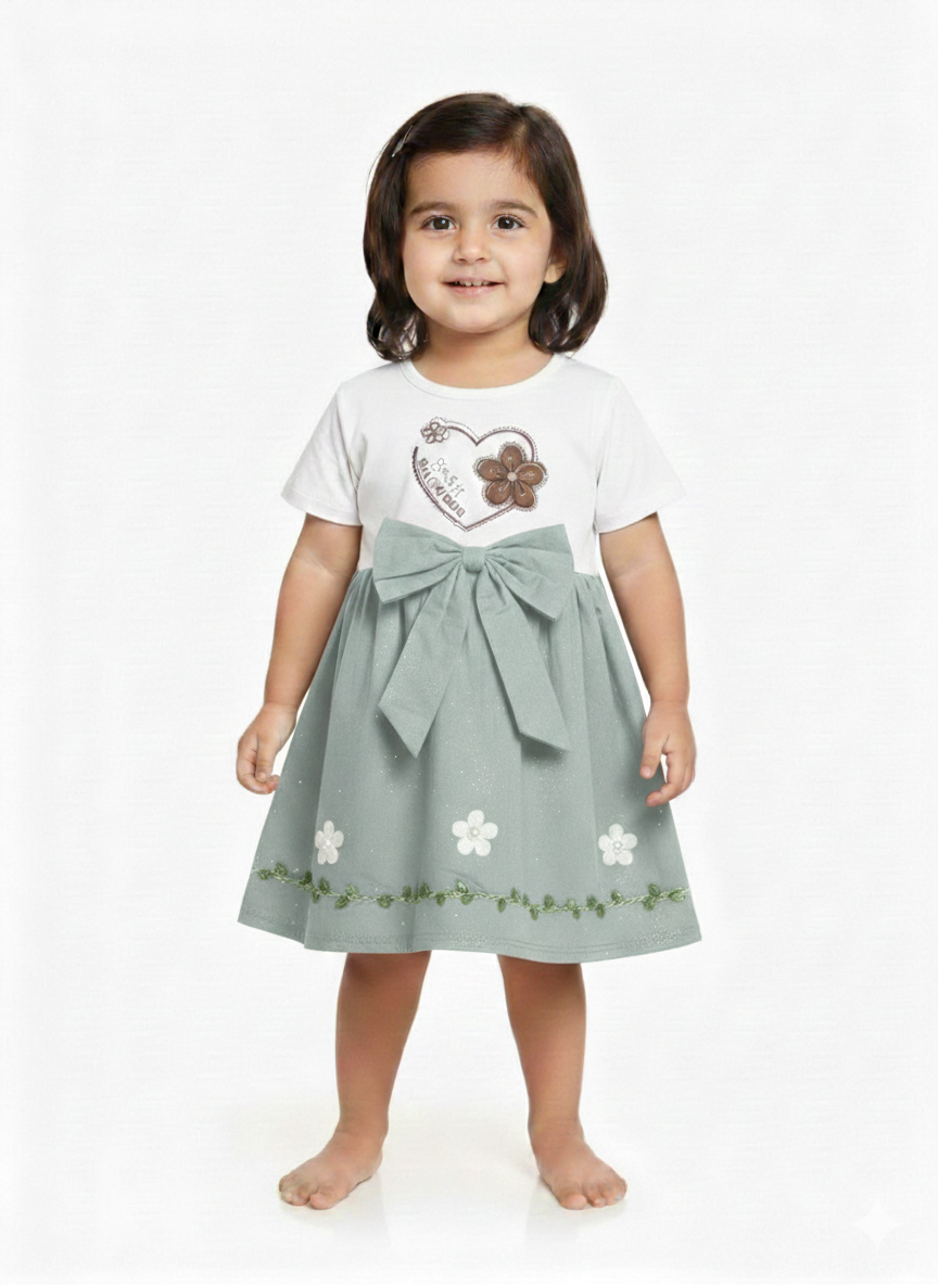 Girls' Sweet Heart Floral Jersey Dress with Oversized Waist Bow and Embroidered Details
