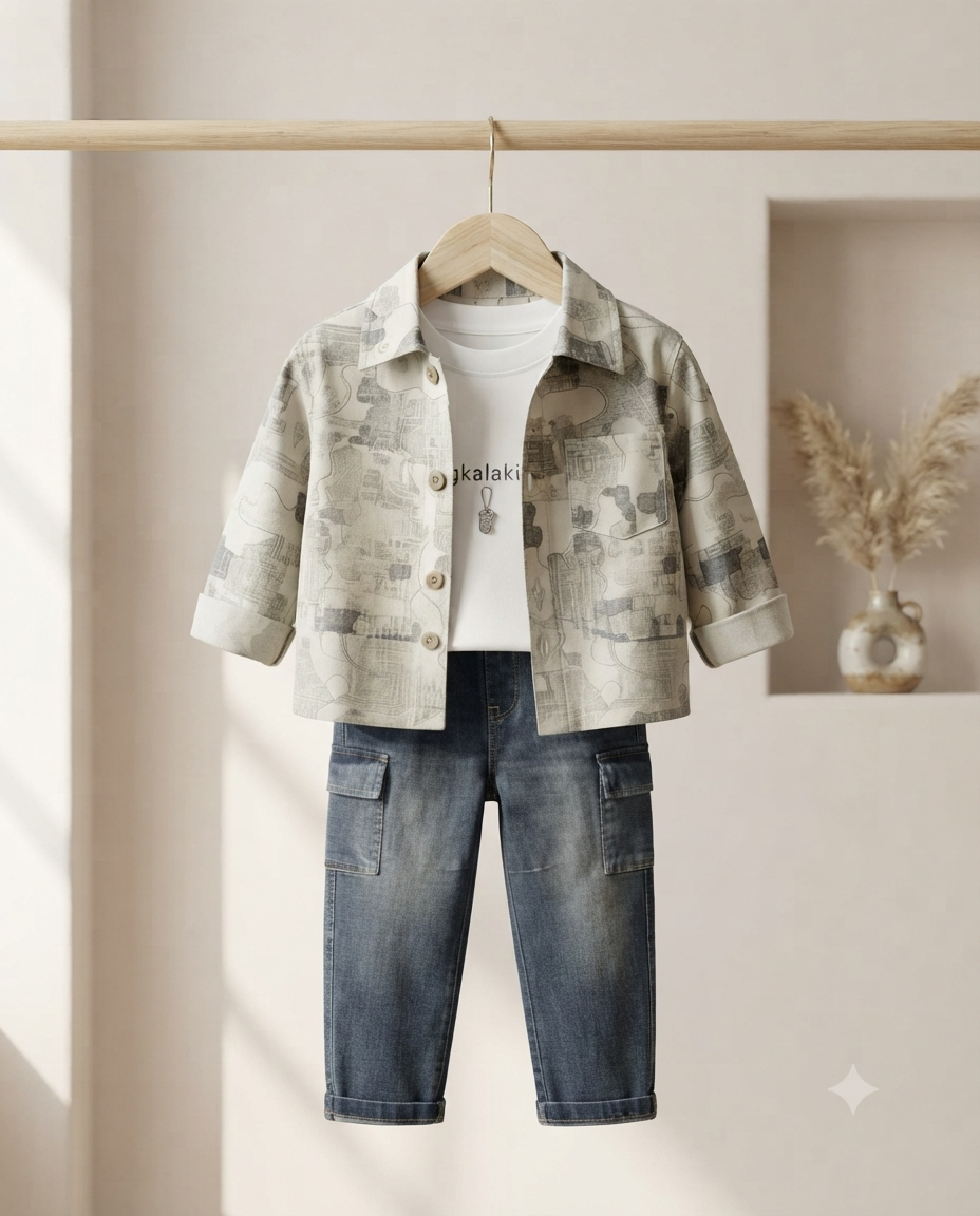 Stylish Boys Printed Jacket With White Inner T-Shirt And Casual Denim Cargo Pants Outfit
