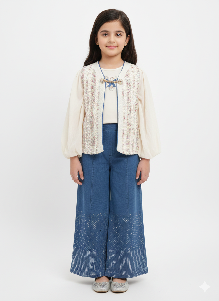 Chic Girls' Three-Piece Denim Flare Set with Textured Waistcoat and Billowing Bishop Sleeve Top