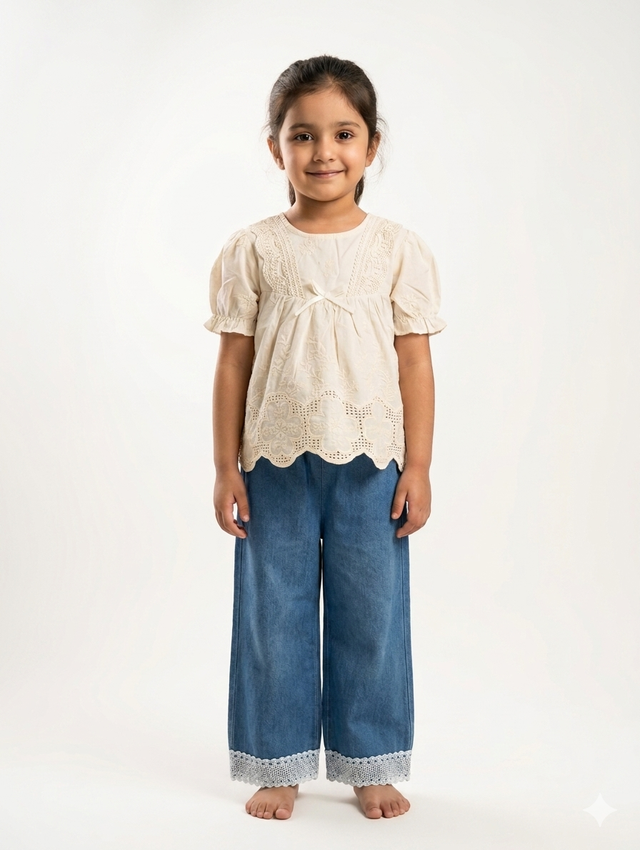 Girls Embroidered White Cotton Frock and Wide Leg Denim Jeans Two Piece Summer Outfit Set