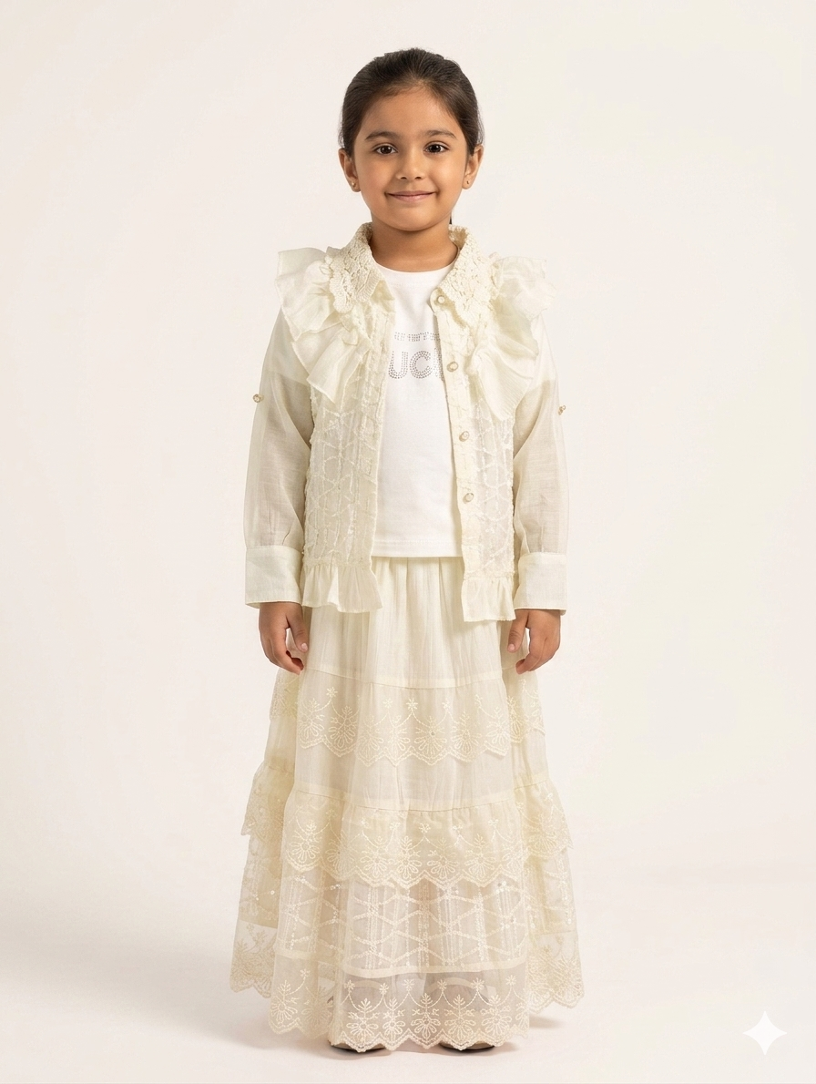 Elegant Girls' Three-Piece Embroidered Lace Tiered Maxi Skirt and Ruffle Jacket Set
