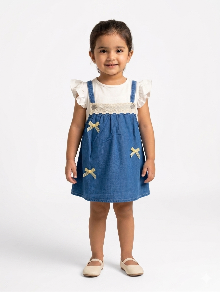 Little Girls' Flutter Sleeve White Top and Denim Pinafore Dress with Ribbon Accents