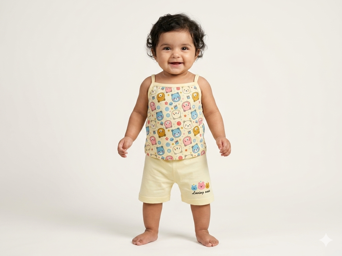 Cute Bear-Print Camisole and Shorts Set for Baby Girls: Playful Summer Style