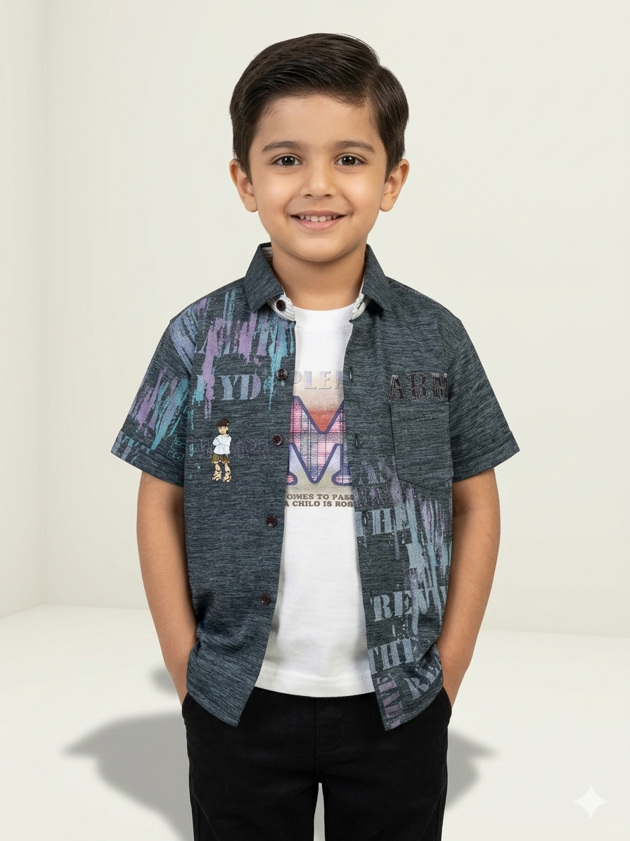 Boys Stylish Graphic Button-Down Shirt and Casual T-Shirt Coordinated Set