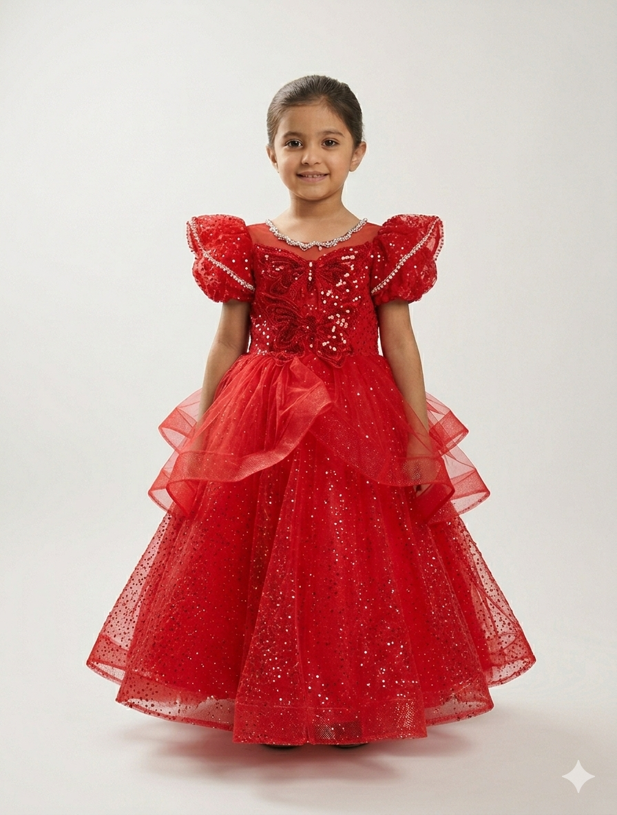 Little Girls Enchanting Butterfly Wing Sequin Ball Gown With Layered Tulle And Puff Sleeves
