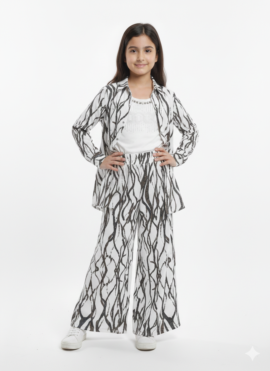 Girls' Abstract Tree-Branch Print Three-Piece Co-ord Set: Shirt, Top, and Wide-Leg Trousers