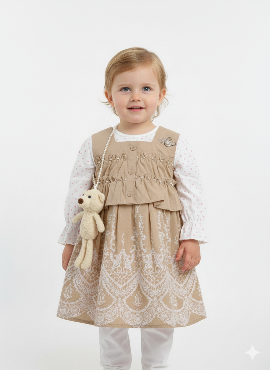 Toddler Girls 2-Piece Polka Dot & Lace Pinafore Set with Teddy Bear Accessory