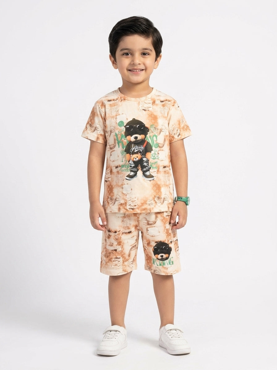 Stylish Bear Print Boys Summer Outfit Set For Trendy Kids Casual Daily Wear
