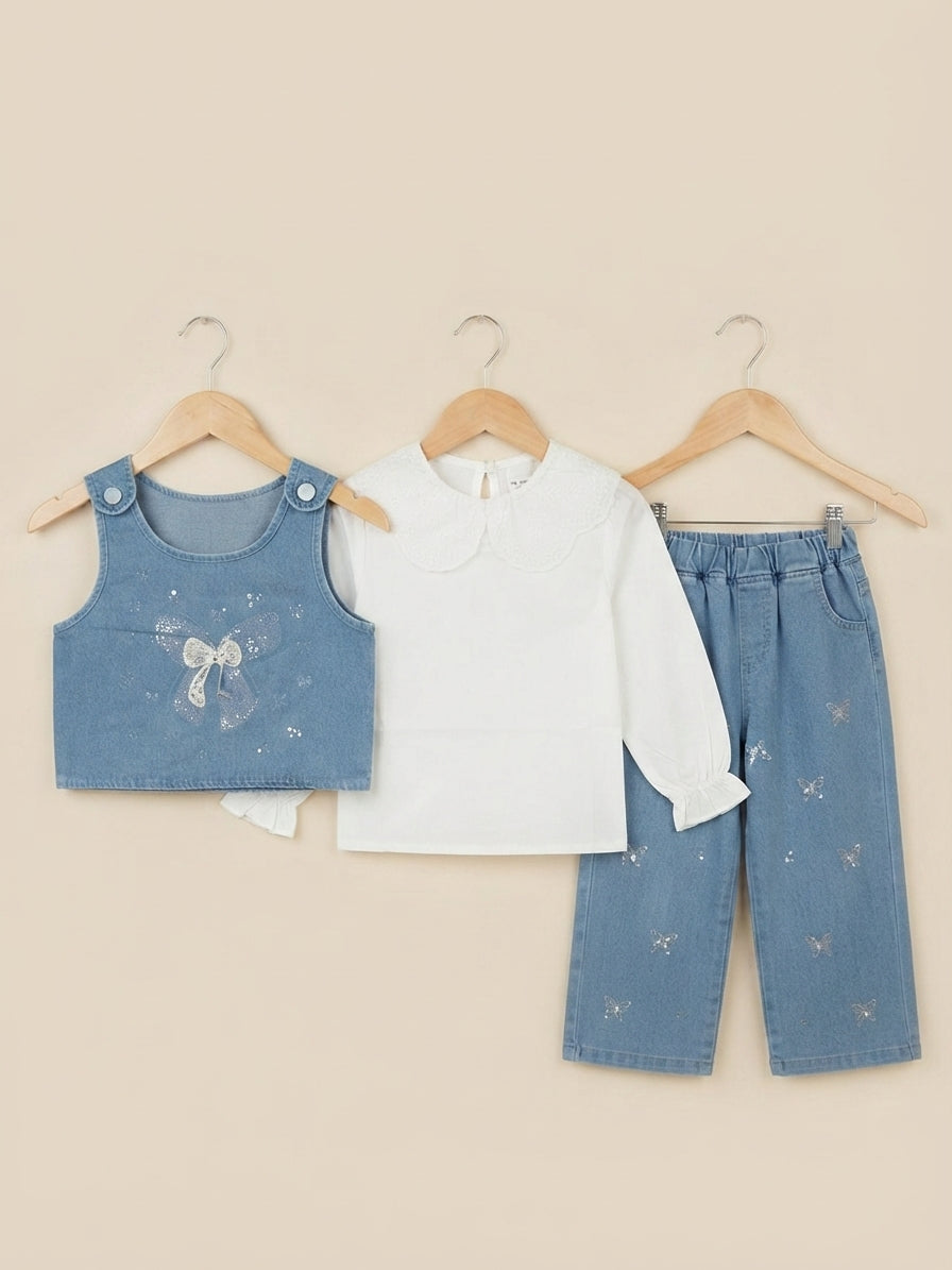 Chic Girls Denim Three Piece Outfit Set Featuring A White Blouse And Pants