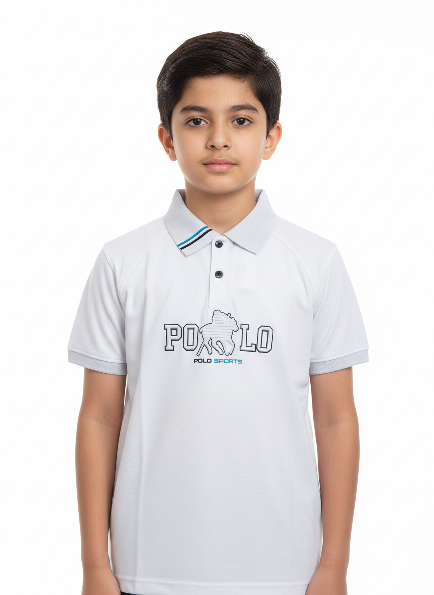 A Modern Portrait Of A Young Boy Wearing A Multicolored Sage Green Graphic Polo Shirt