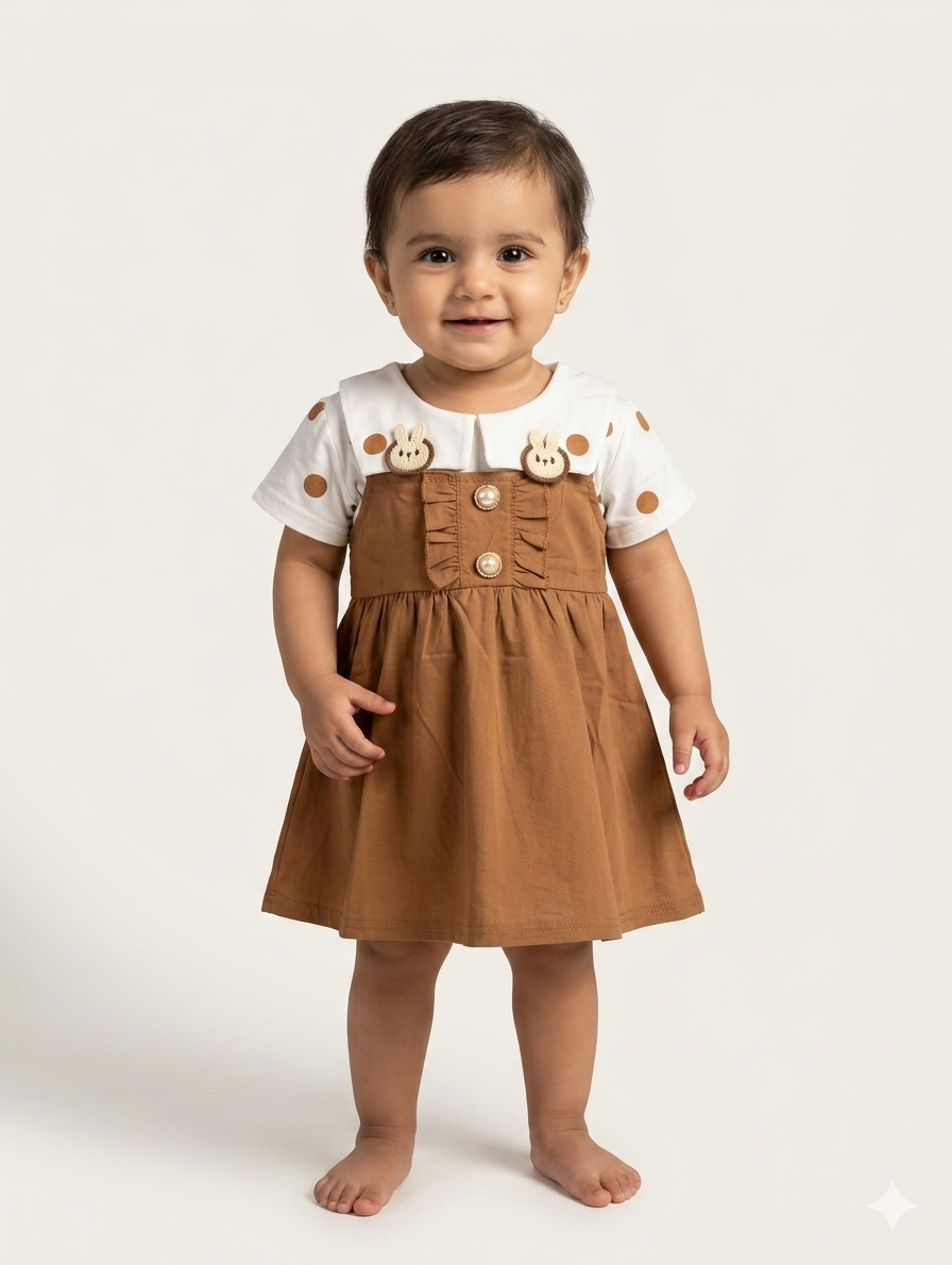 Adorable Baby Girl Polka Dot Pinafore Dress Set with Cute Bunny Accent Details