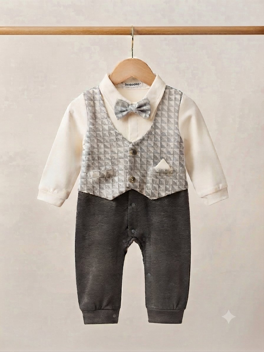 Elegant grey and white baby boy gentleman formal romper set with matching bow tie.