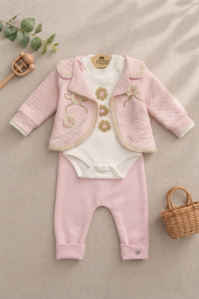 Imported Turkish Baby Girl Quilted Jacket Bodysuit And Trousers 3 Piece Outfit Set