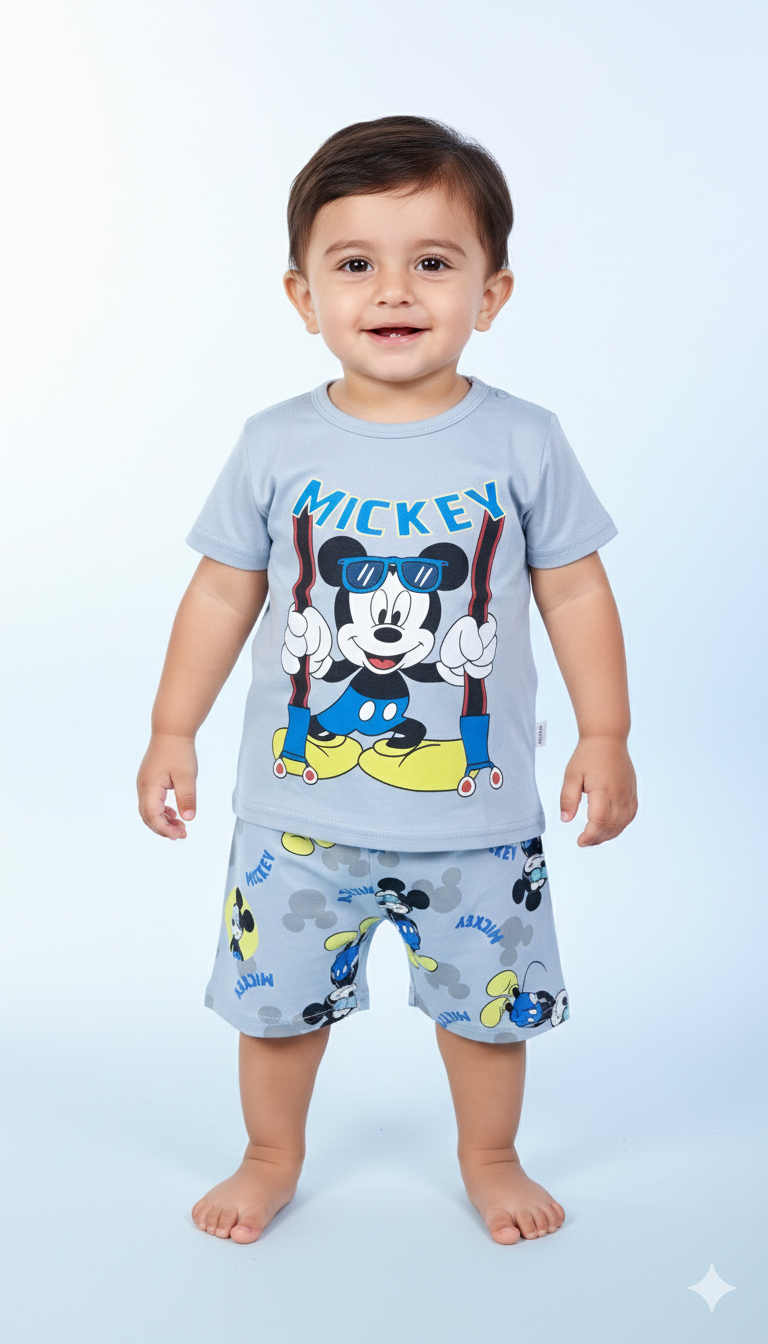 Premium Mickey Mouse Graphic Short Sleeve Baby Summer Set With Comfortable Blue Cotton Matching Shorts