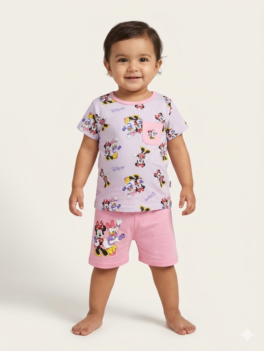 Girls Minnie & Daisy Character Print Purple T-Shirt and Pink Shorts Two-Piece Summer Outfit Set