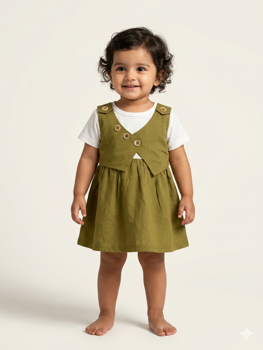 Toddler Girls Elegant Button-Front Pinafore Dress with Layered White Tee Two-Piece Outfit Set