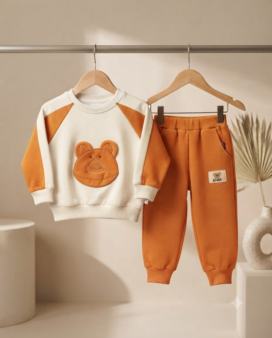 Cozy Cute Bear Applique Sweatshirt And Matching Jogger Pants Set For Active Toddlers