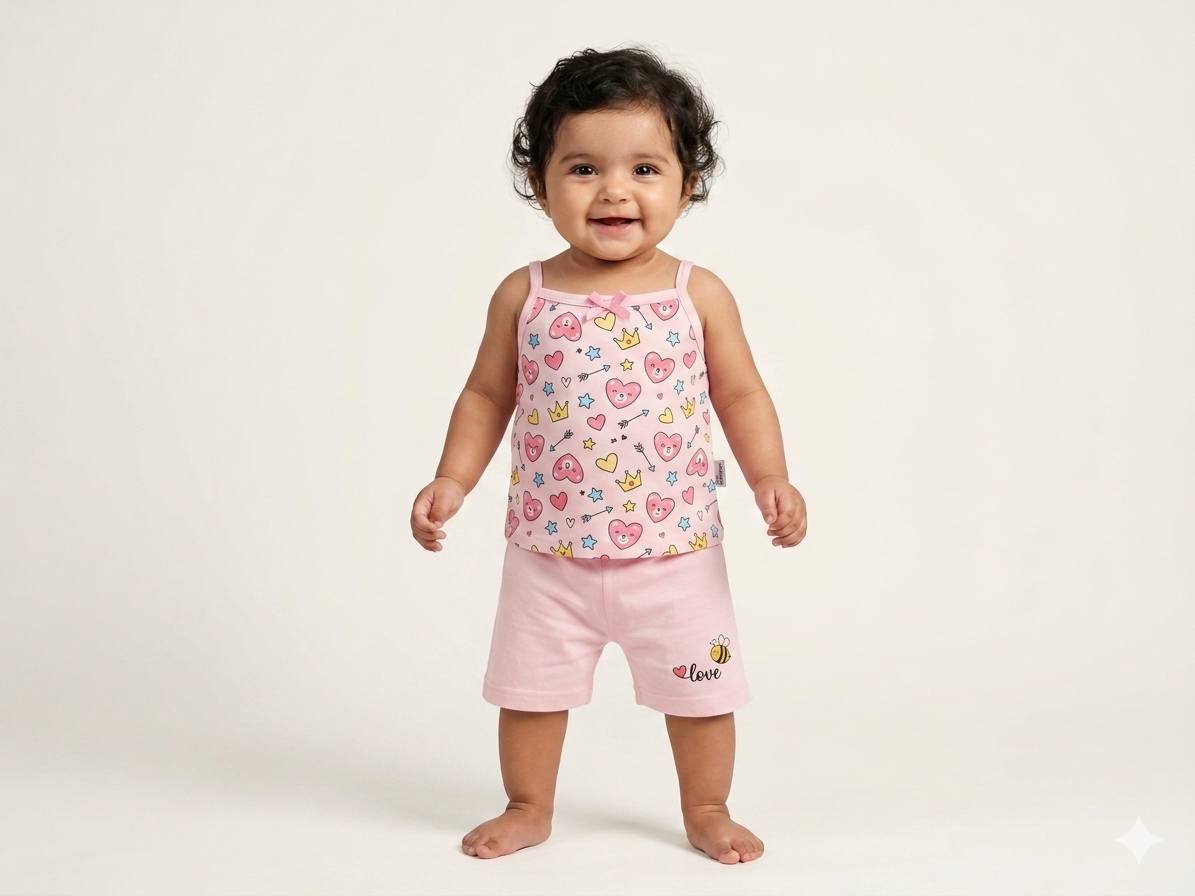 Cute Heart-Print Camisole and Shorts Set for Baby Girls: Playful Summer Style