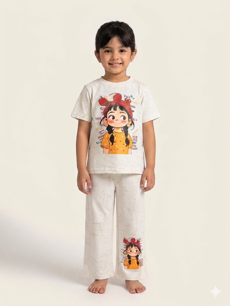 Girls Cute Character Print Tee and Relaxed Wide Leg Trouser Two Piece Summer Outfit Set