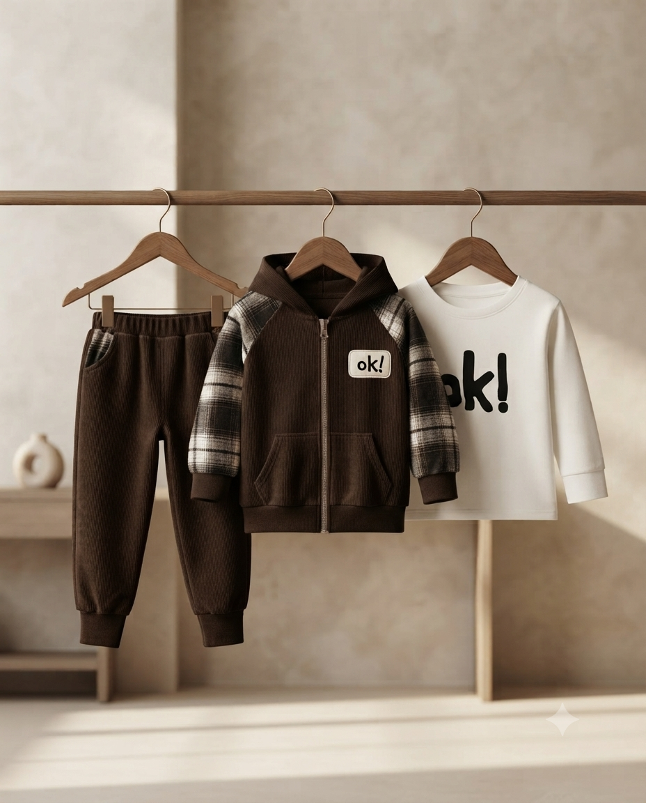 Trendy Boys Three-Piece Clothing Set Featuring Plaid Detail Hoodie Tee And Joggers