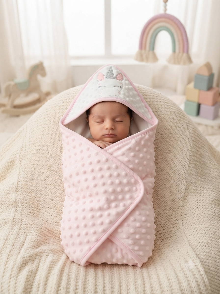 Soft Pink Textured Baby Swaddle Wrap and Hooded Unicorn Sleeping Bag Set