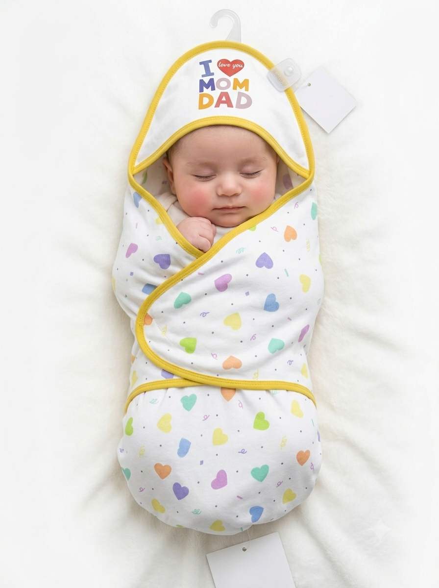 Cute Hooded Baby Swaddle Blanket Soft Cotton Wrap Printed I Love Mom Dad Design