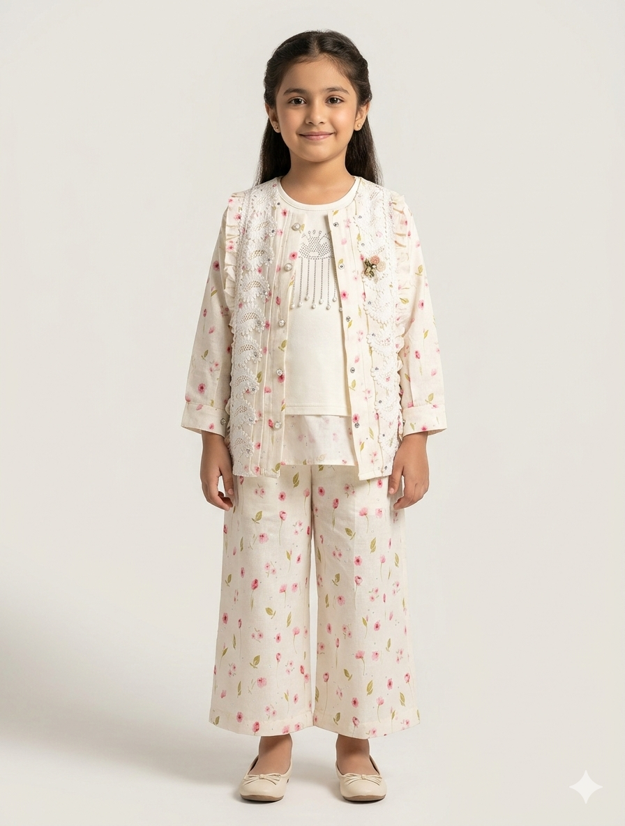 Elegant Girls' Floral Three-Piece Set with Embellished Jacket and Matching Wide-Leg Trouser Suit