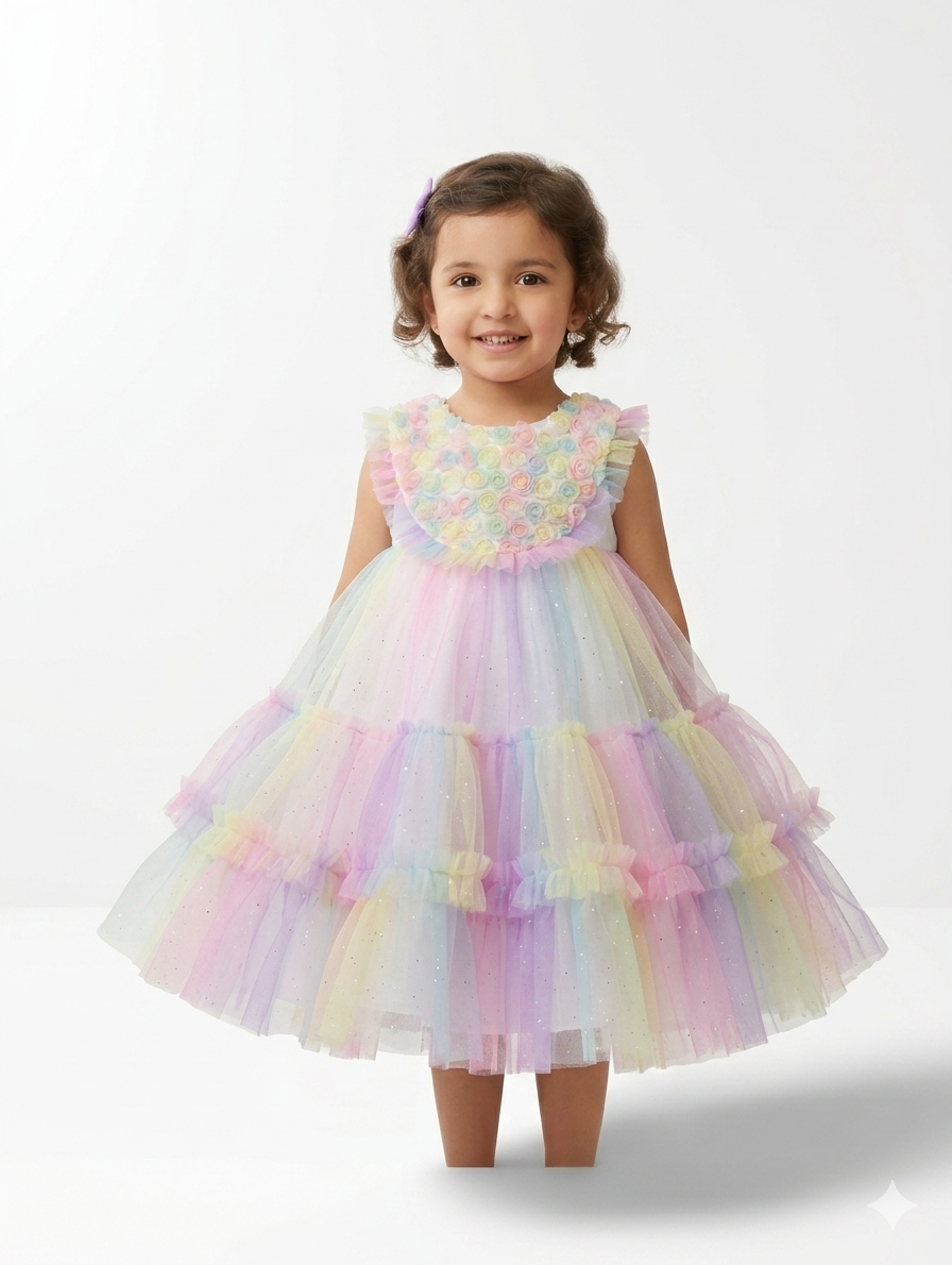 Toddler Girl Pastel Rainbow Tulle Party Dress with Floral Applique and Ruffled Tiered Skirt