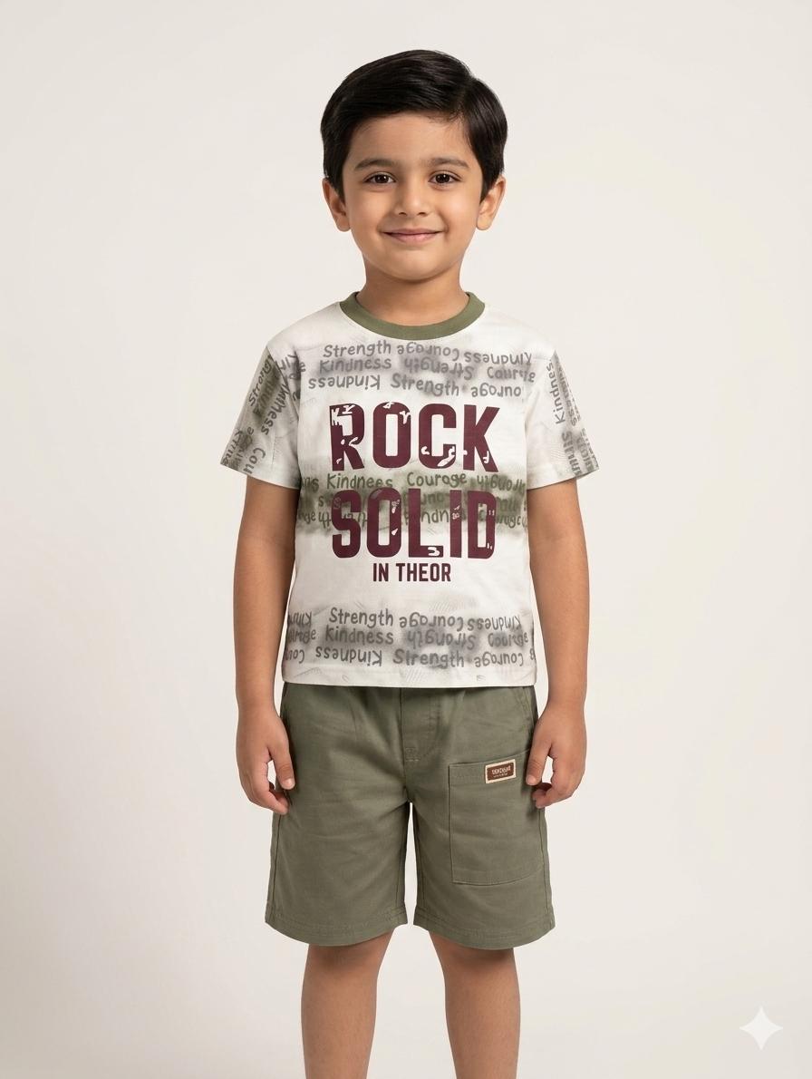 Boys' Rock Solid Graphic Tee and Cargo Shorts Set in Earthy Summer Tones