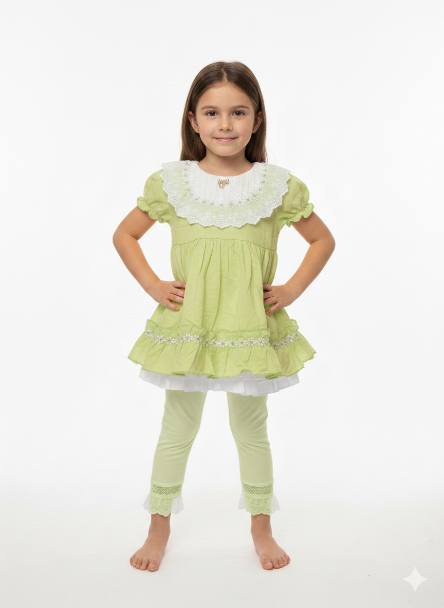 Girls' Sweet Lace Collar Tiered Cotton Tunic and Leggings Set - Charming Everyday Spring Outfit