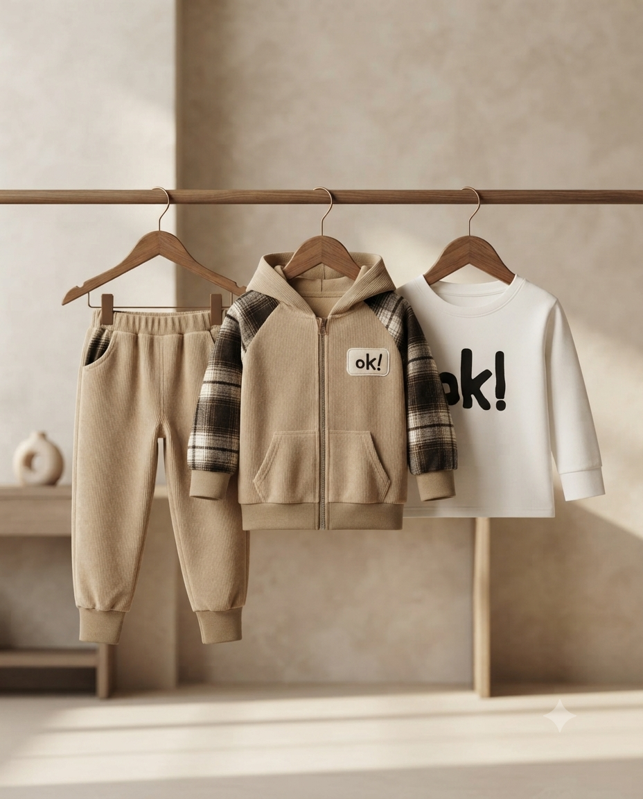 Trendy Boys Three-Piece Clothing Set Featuring Plaid Detail Hoodie Tee And Joggers