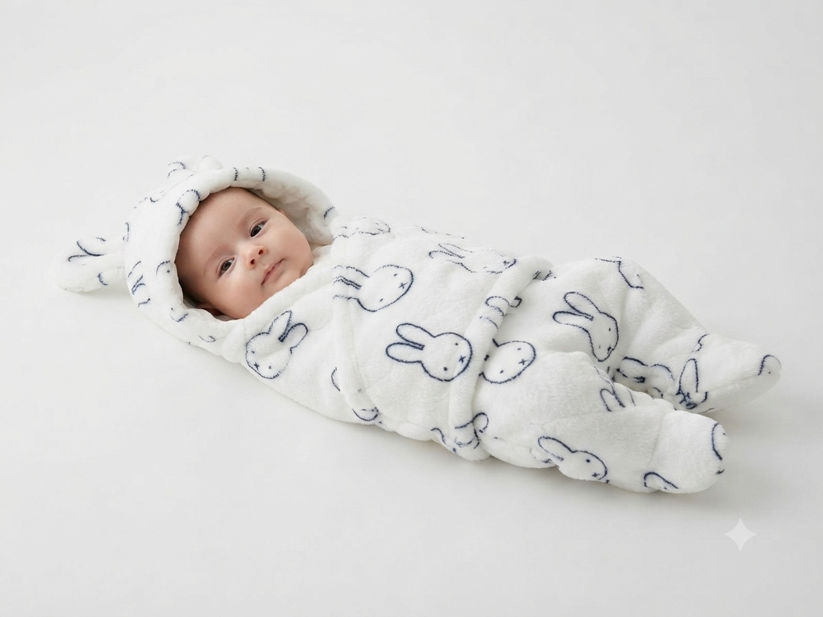 Soft White Bunny Print Baby Swaddle Wrap and Hooded Sleeping Bag Set