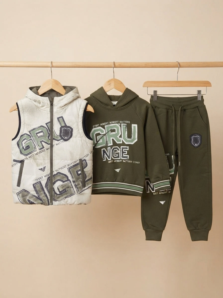 Stylish Boys Three Piece Winter Outfit Featuring Printed Hoodie Matching Trouser And Puffer Vest